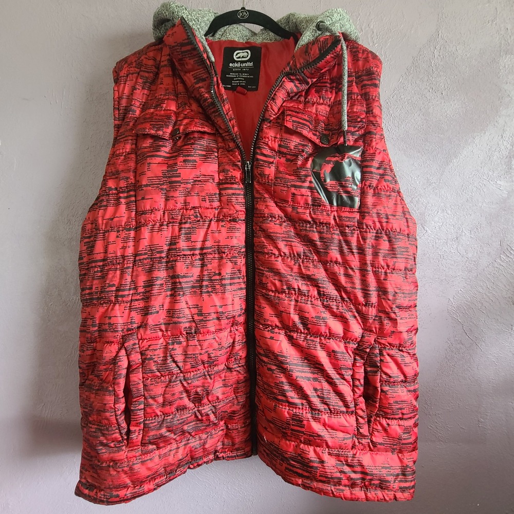 Ecko Unltd Puffer Vest Mens XL Red Black Hooded Rhino Streetwear Quilted Zip